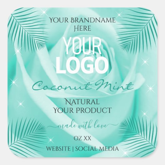 フローラ製品ラベルティール（緑がかった色）バラパーム葉ロゴ スクエアシール (正面)
