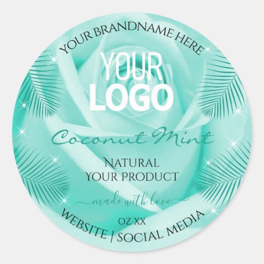 フローラ製品ラベルティール（緑がかった色）バラパーム葉ロゴ ラウンドシール (正面)