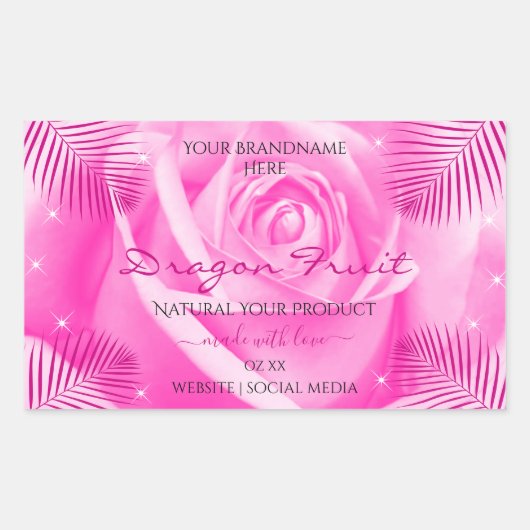 フローラ製品ラベルピンクのバラとパーム葉の数 長方形シール (正面)