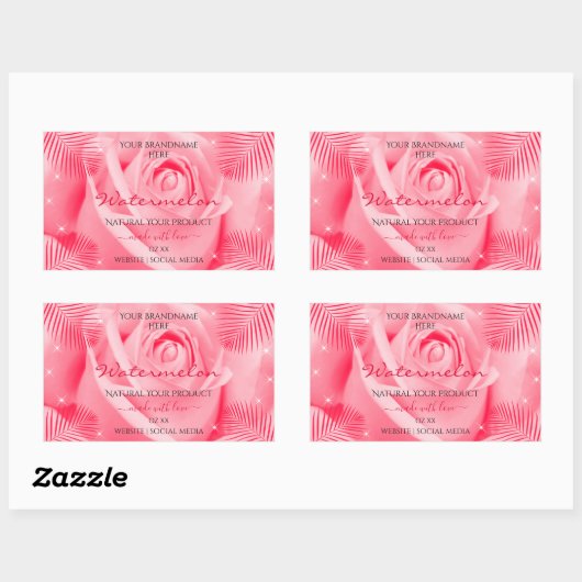 フローラ製品ラベルピンクのバラと赤のパーム葉の製品 長方形シール (シート)