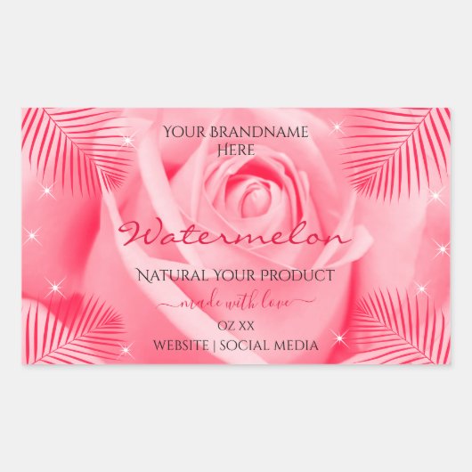 フローラ製品ラベルピンクのバラと赤のパーム葉の製品 長方形シール (正面)