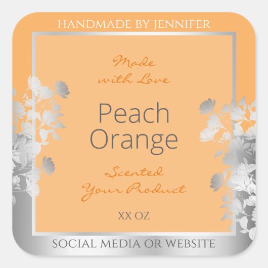 フローラ製品ラベルピーチライトオレンジとシルバー スクエアシール (正面)