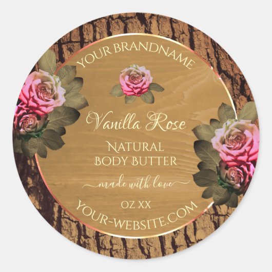 フローラ製品ラベル茶色の木目の樹皮 ラウンドシール (正面)