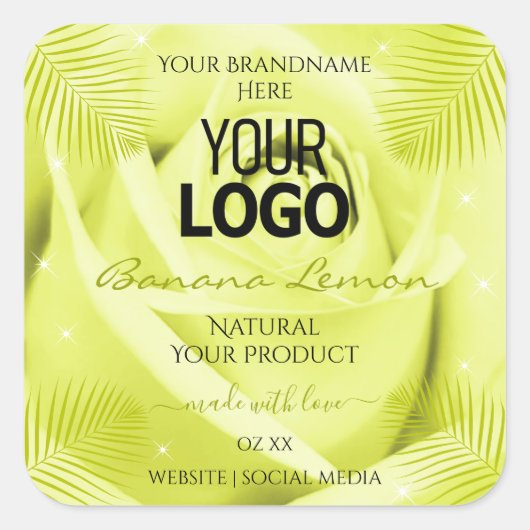 フローラ製品ラベル黄色バラのヤシ葉のロゴ スクエアシール (正面)