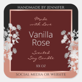 フローラ製品ラベルBurgundyブラックとバラ金ゴールド スクエアシール