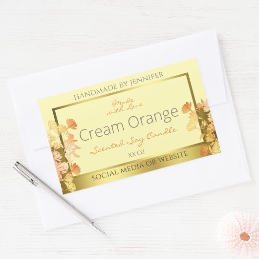 フローラ製品包装ラベルクリームオレンジ金ゴールド 長方形シール (封筒)