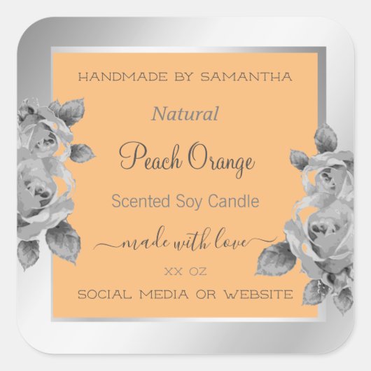 フローラ製品包装ラベルピーチオレンジ銀 スクエアシール (正面)