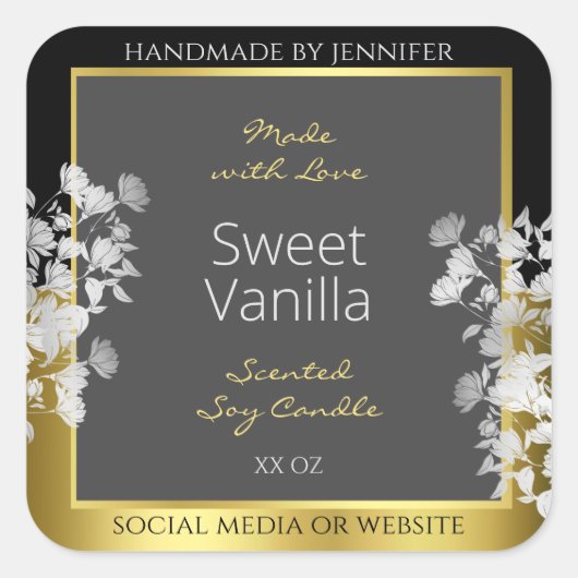 フローラ製品包装ラベルブラック金ゴールドとグレー スクエアシール (正面)