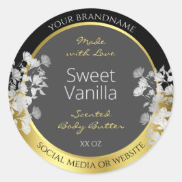フローラ製品包装ラベルブラック金ゴールドとグレー ラウンドシール