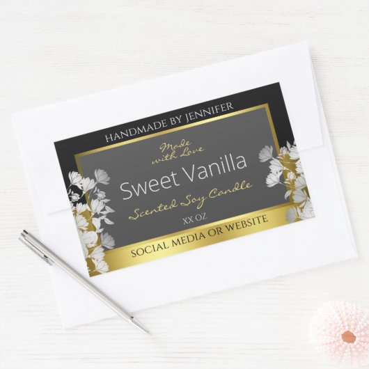 フローラ製品包装ラベルブラック金ゴールドとグレー 長方形シール (封筒)