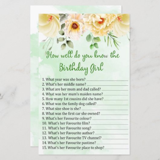 フローラ誕生日の女の子をどれだけ知っているか (正面/裏面)