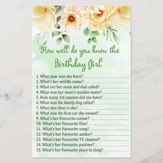 フローラ誕生日の女の子をどれだけ知っているか (正面)