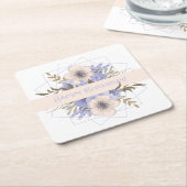 フローラ誕生日ピーチバイオレットファイブペタルワイルドバラ スクエアペーパーコースター (アングル)