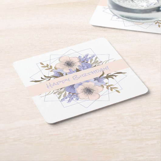 フローラ誕生日ピーチバイオレットファイブペタルワイルドバラ スクエアペーパーコースター (アングル)