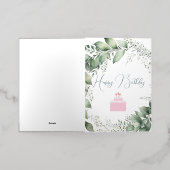 フローラ誕生日ブラシ付きブルーウォーターカラーカード 箔グリーティングカード (外側レイダウン)