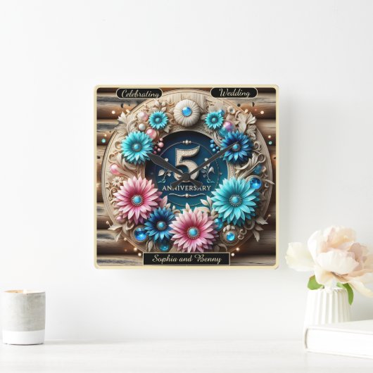 フローラ調和:完全記念日デザインアイディア スクエア壁時計 (ホーム)