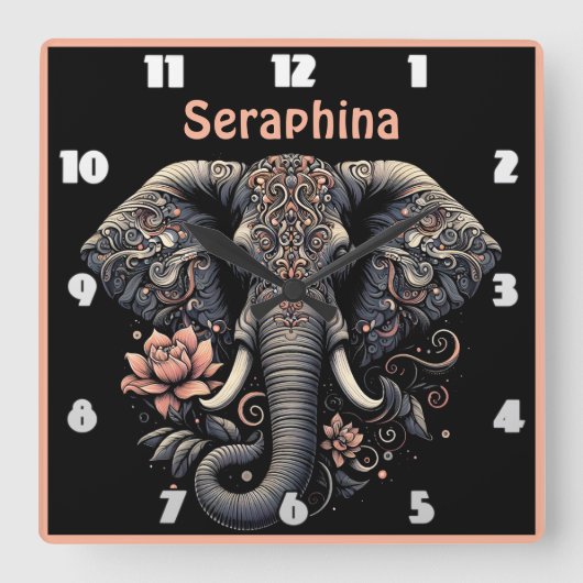 フローラ象のアートワーク スクエア壁時計 (正面)