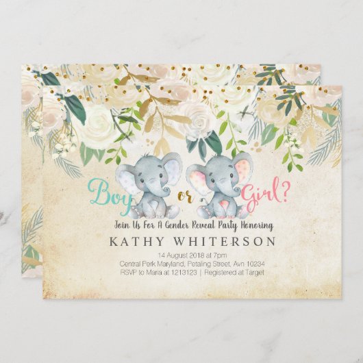 フローラ象のジェンダーリビール招待状植物学 招待状 (正面/裏面)