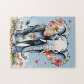 フローラ象の水色と野生の花 ジグソーパズル (横)