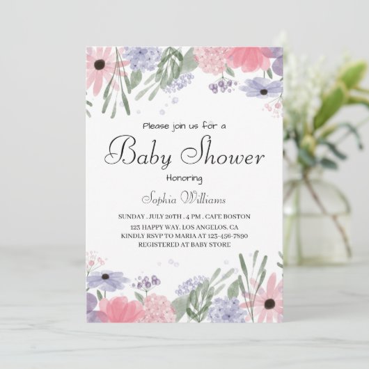 フローラ赤ちゃんシャワーエレガント – 水彩の花 招待状 (スタンド正面)