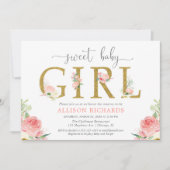 フローラ赤ちゃんシャワーエレガント、赤面ピンクの金ゴールド女の子 招待状 (正面)