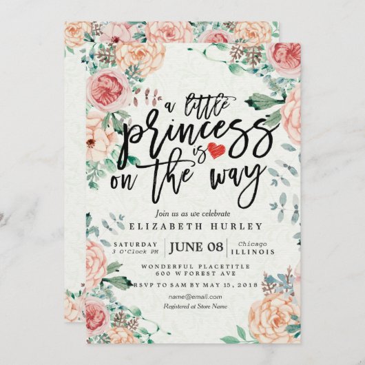 フローラ赤ちゃんシャワー小さな王女が途中にある 招待状 (正面/裏面)