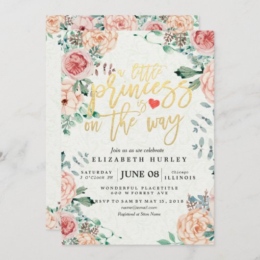 フローラ赤ちゃんシャワー小さな王女が途中にある 招待状 (正面/裏面)