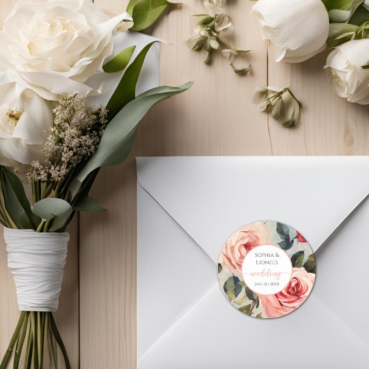 フローラ赤とピンククラシックの花結婚の ラウンドシール