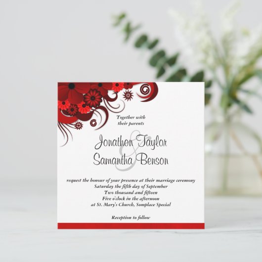 フローラ赤と白カスタムウェディング招待状 招待状 (スタンド正面)