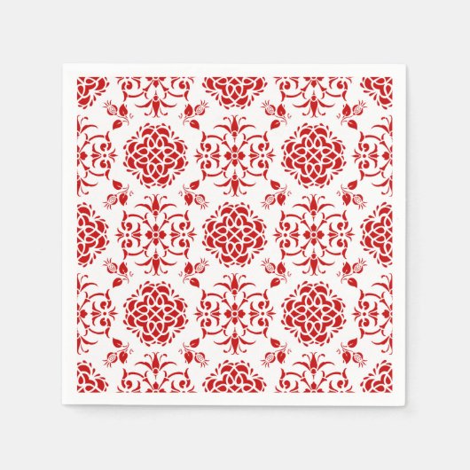 フローラ赤と白ダマスクスタイルパターン スタンダードカクテルナプキン (正面)