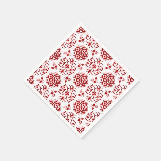フローラ赤と白ダマスクスタイルパターン スタンダードカクテルナプキン (角)