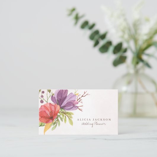 フローラ赤と紫の水彩ウェディングプランナー 名刺 (スタンド正面)