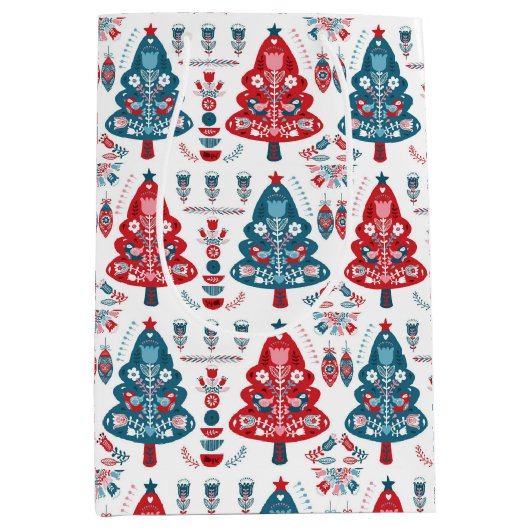 フローラ赤と青スカンジナビアのクリスマスツリー ミディアムペーパーバッグ (正面)