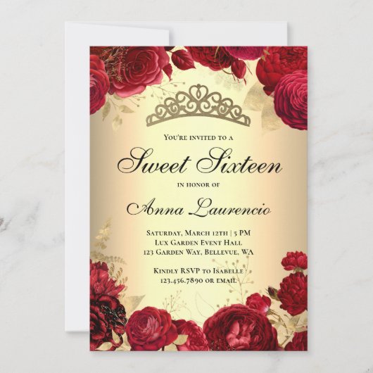 フローラ赤エレガントと金ゴールドをテーマにしたSweet sixteen 招待状 (正面)