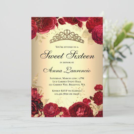 フローラ赤エレガントと金ゴールドをテーマにしたSweet sixteen 招待状 (スタンド正面)