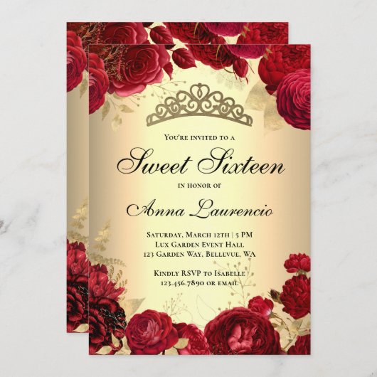 フローラ赤エレガントと金ゴールドをテーマにしたSweet sixteen 招待状 (正面/裏面)