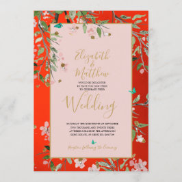 フローラ赤エレガントピンク金ゴールドChinoiserie結婚の 招待状