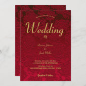 フローラ赤エレガント結婚モダン金ゴールド 招待状 (正面/裏面)