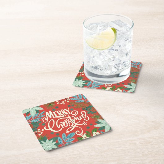 フローラ赤クリスマス スクエアペーパーコースター (インサイチュ)