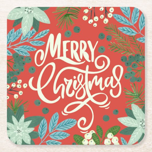 フローラ赤クリスマス スクエアペーパーコースター (正面)