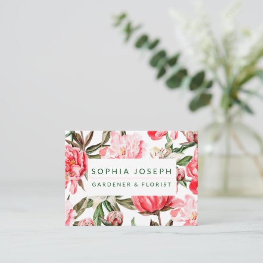 フローラ赤ピンクの水色の花 名刺 (スタンド正面)