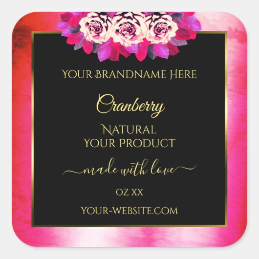 フローラ赤ピンク大理石パターンブラック製品ラベル スクエアシール (正面)