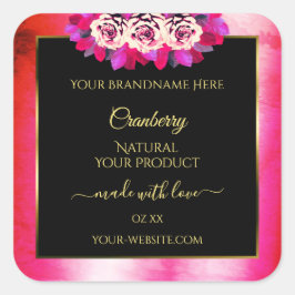 フローラ赤ピンク大理石パターンブラック製品ラベル スクエアシール