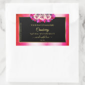 フローラ赤ピンク大理石パターンブラック製品ラベル 長方形シール (バッグ)