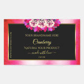 フローラ赤ピンク大理石パターンブラック製品ラベル 長方形シール (正面)