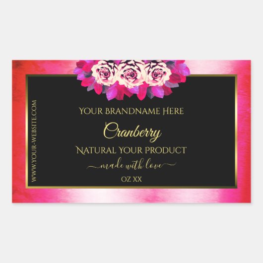 フローラ赤ピンク大理石パターンブラック製品ラベル 長方形シール (正面)