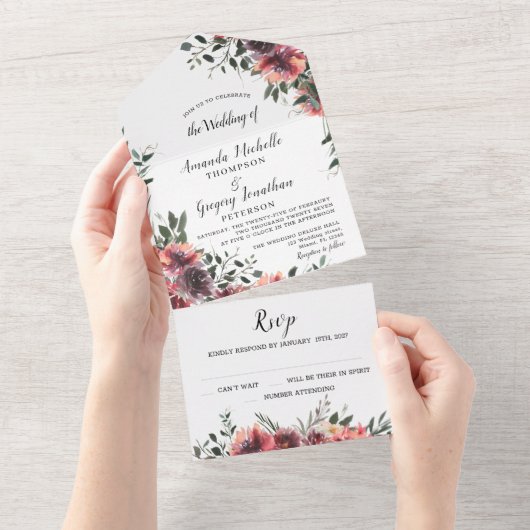 フローラ赤結婚植物学は一挙に オールインワン招待状 (貼ってはがせる)