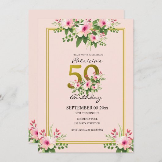 フローラ赤面かわいらしピンク&金ゴールド50誕生日 招待状 (正面/裏面)