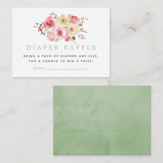 フローラ赤面とセージ赤ちゃんシャワーおむつラッフル エンクロージャーカード (正面/裏面)