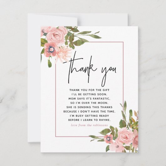 フローラ赤面とバラ金ゴールドベビーシャワーありがとう サンキューカード (正面)